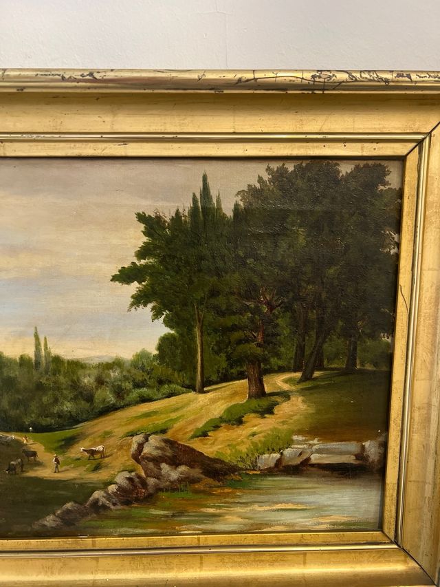 Óleo Lienzo Paisaje con Animales y Campesinos