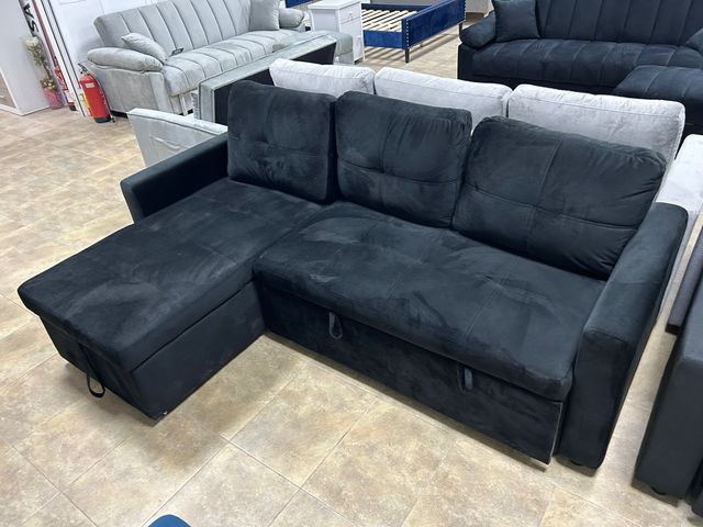 Sofá Cama Chaise Longue Reversible Negro + arcon