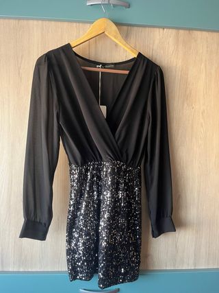 Vestido fiesta lentejuelas negro y plata
