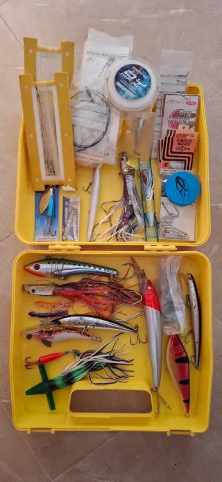 Caja d pesca con señuelos y accesorios