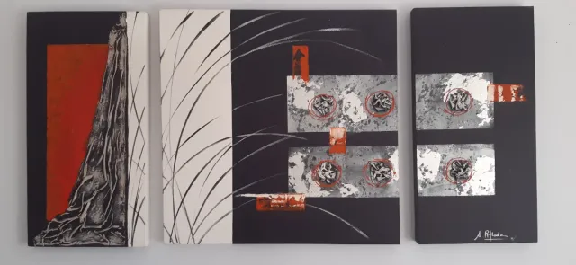 Cuadro 3 piezas tela negro y rojo