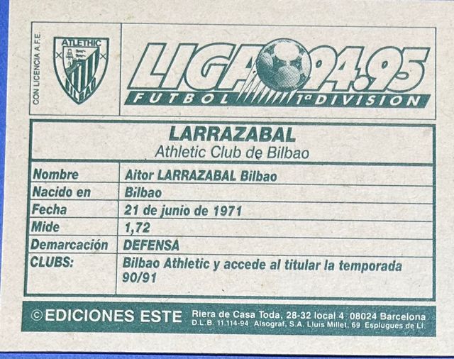 CROMO LARRAZABAL (ATH. BILBAO) LIGA 94-95 (ESTE)