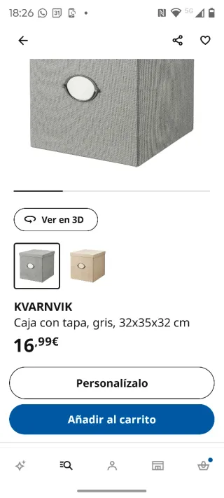 Caja de almacenaje gris con tapa y etiqueta.