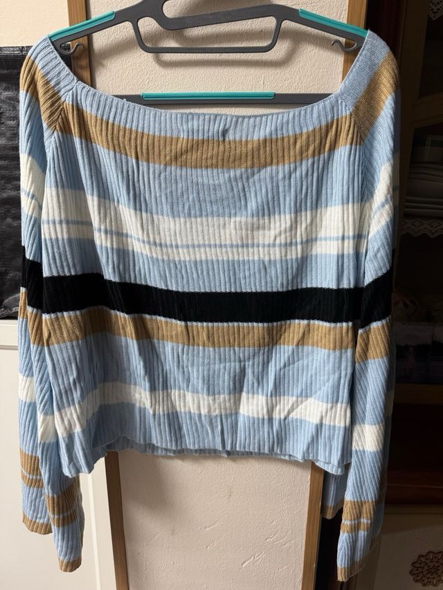 Jersey Shein canalé rayas azul claro y camel