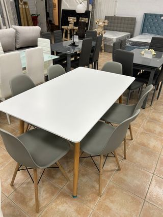 MESA DE COMEDOR/COCINA BLANCA + 6 SILLAS NORDICAS