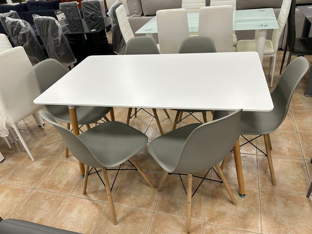 MESA DE COMEDOR/COCINA BLANCA + 6 SILLAS NORDICAS