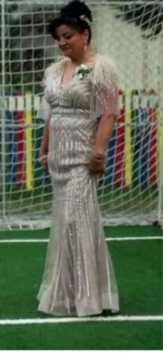 Vestido fiesta bordado plata y rosa