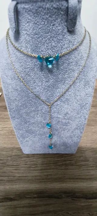 Cadena doble oro laminado 14k con piedras azules