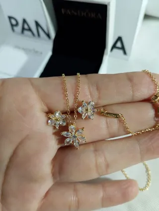 Conjunto Pandora Flor Circonitas Doradas