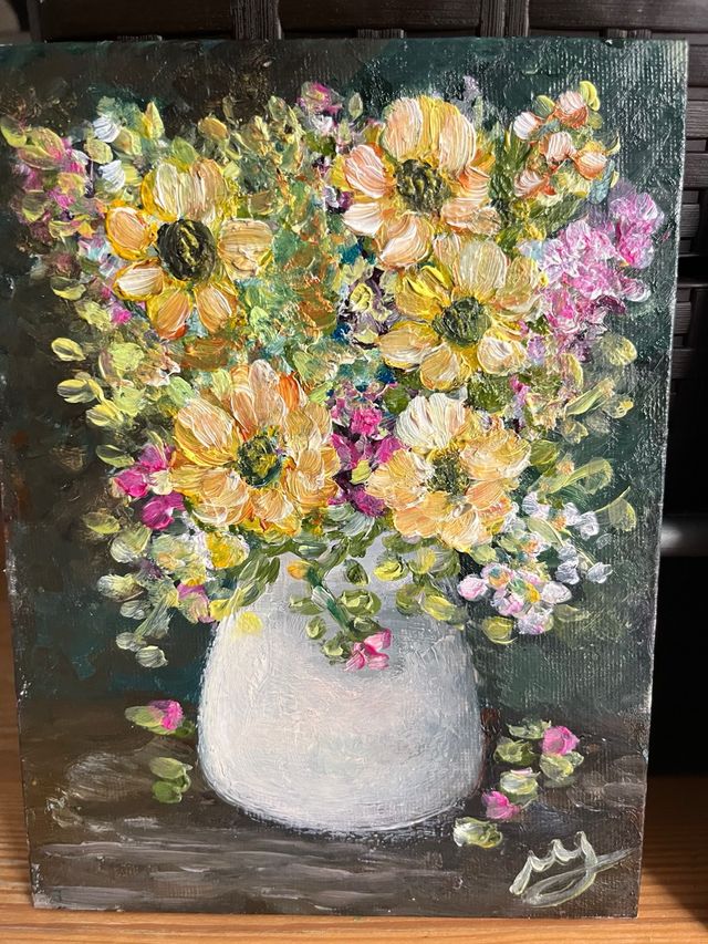 Pintura Bodegón Flores Amarillas y Rosas