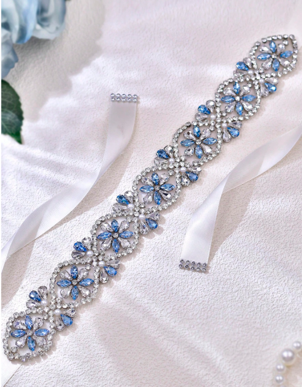 Fajín Novia Pedrería Azul y Blanco