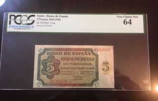 Billete 5 Pesetas 1938 certificado PCGS 64