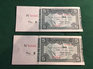 Pareja correlativa 5 Pesetas 1937 Bilbao sin circu