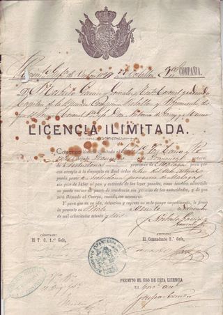 Licencia Ilimitada Gobierno Militar Barcelona 1876