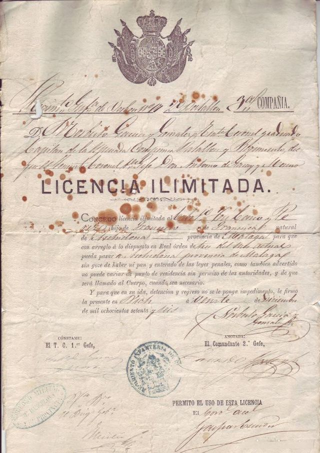 Licencia Ilimitada Gobierno Militar Barcelona 1876