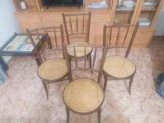 Lote 4 Sillas Antiguas Madera Y Rattan