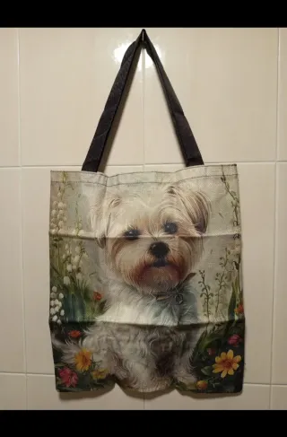 Bolso de tela  perro blanco flores