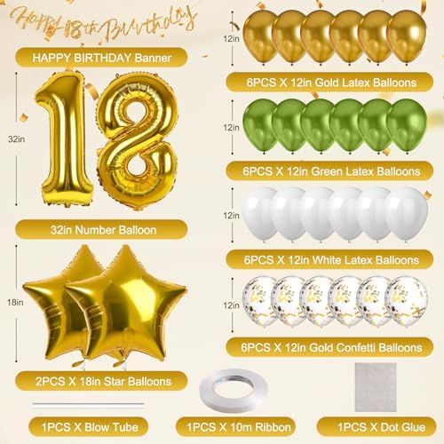 Globos 18 Cumpleaños Fiesta Oro y Verde