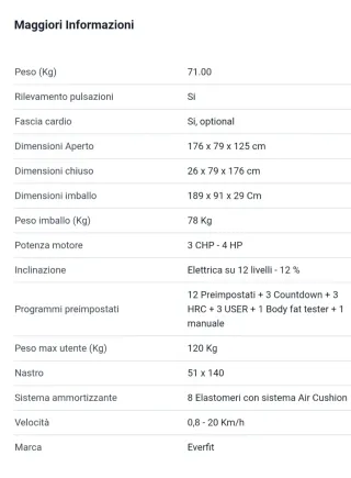 Tapis Roulant Everfit 855 Slim Pieghevole