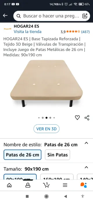 Base tapizada 90x190 + 6 patas