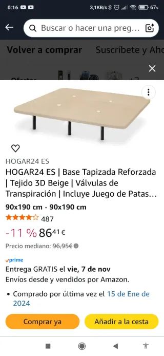 Base tapizada 90x190 + 6 patas