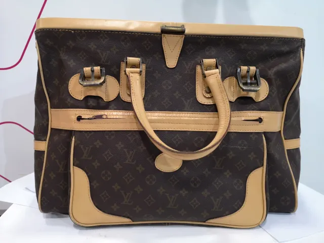 Valigia antica Louis Vuitton marrone e beige