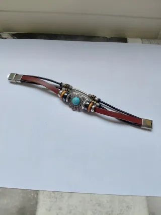 Pulsera doble cuero y metal con piedra turquesa