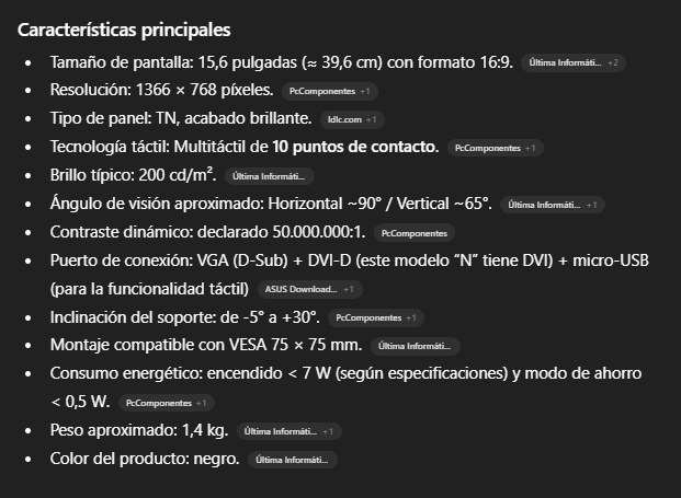 Monitor Táctil Asus VT168 Negro