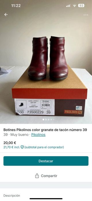 Botines Pikolinos Mujer Granate Talla 39.
