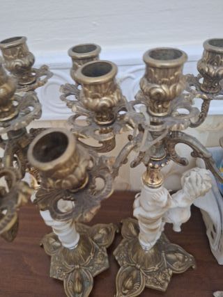 Coppia Candelabri Angioletti Porcellana Oro