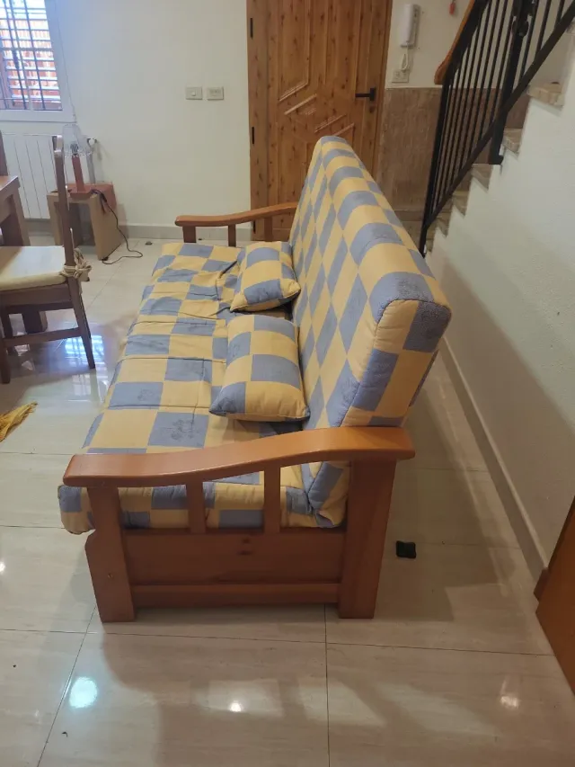 Sofá Cama Madera Tela Azul Amarillo