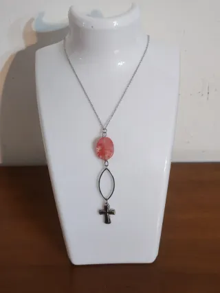 Collana Acciaio Quarzo Strawberry e Croce