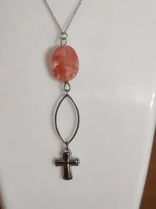 Collana Acciaio Quarzo Strawberry e Croce