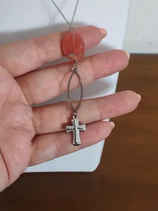 Collana Acciaio Quarzo Strawberry e Croce