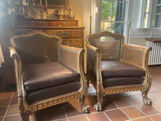 2 poltrone, legno, griglia in pelle