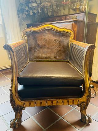 2 poltrone, legno, griglia in pelle