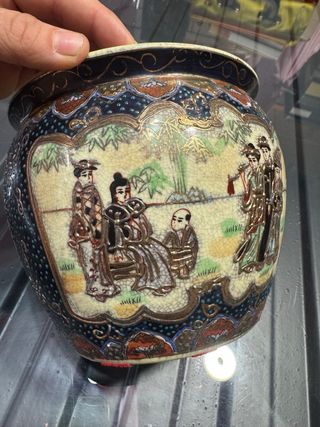 Jarrón chino antiguo porcelana beige y azul