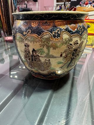 Jarrón chino antiguo porcelana beige y azul