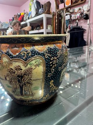 Jarrón chino antiguo porcelana beige y azul