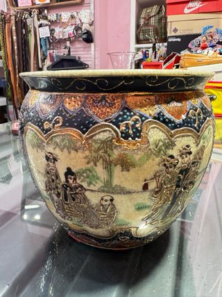 Jarrón chino antiguo porcelana beige y azul