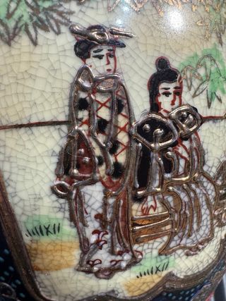 Jarrón chino antiguo porcelana beige y azul