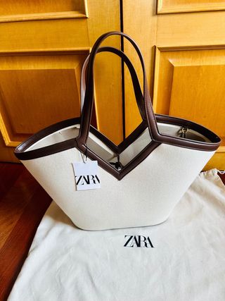 Bolso Zara shopper lona blanco y marrón