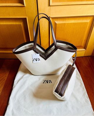 Bolso Zara shopper lona blanco y marrón