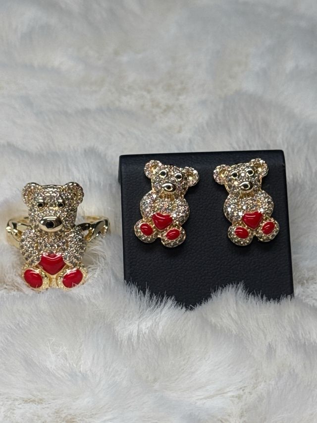 Anillo y Pendientes Osito Oro Laminado 14k