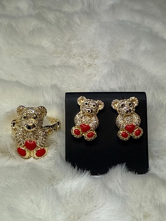 Anillo y Pendientes Osito Oro Laminado 14k