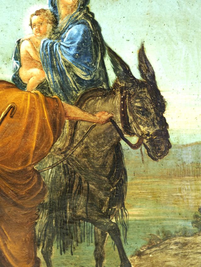 Antico dipinto olio su tela - Fuga in egitto '800