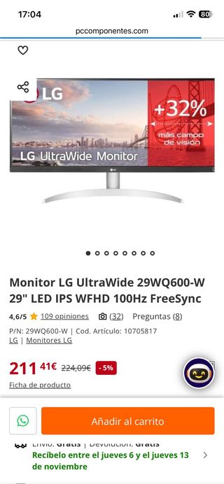Monitor LG UltraWide 29 29WQ600-W