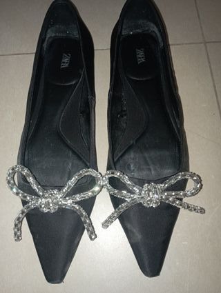 Manoletinas Zara Negro Raso Moña Plataforma 39