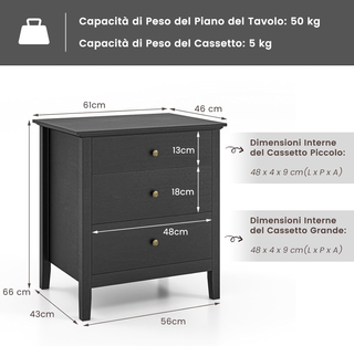 Comodino con 3 Cassetti, Cassettiera da Letto, Tav