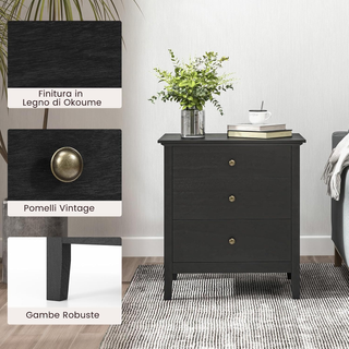 Comodino con 3 Cassetti, Cassettiera da Letto, Tav